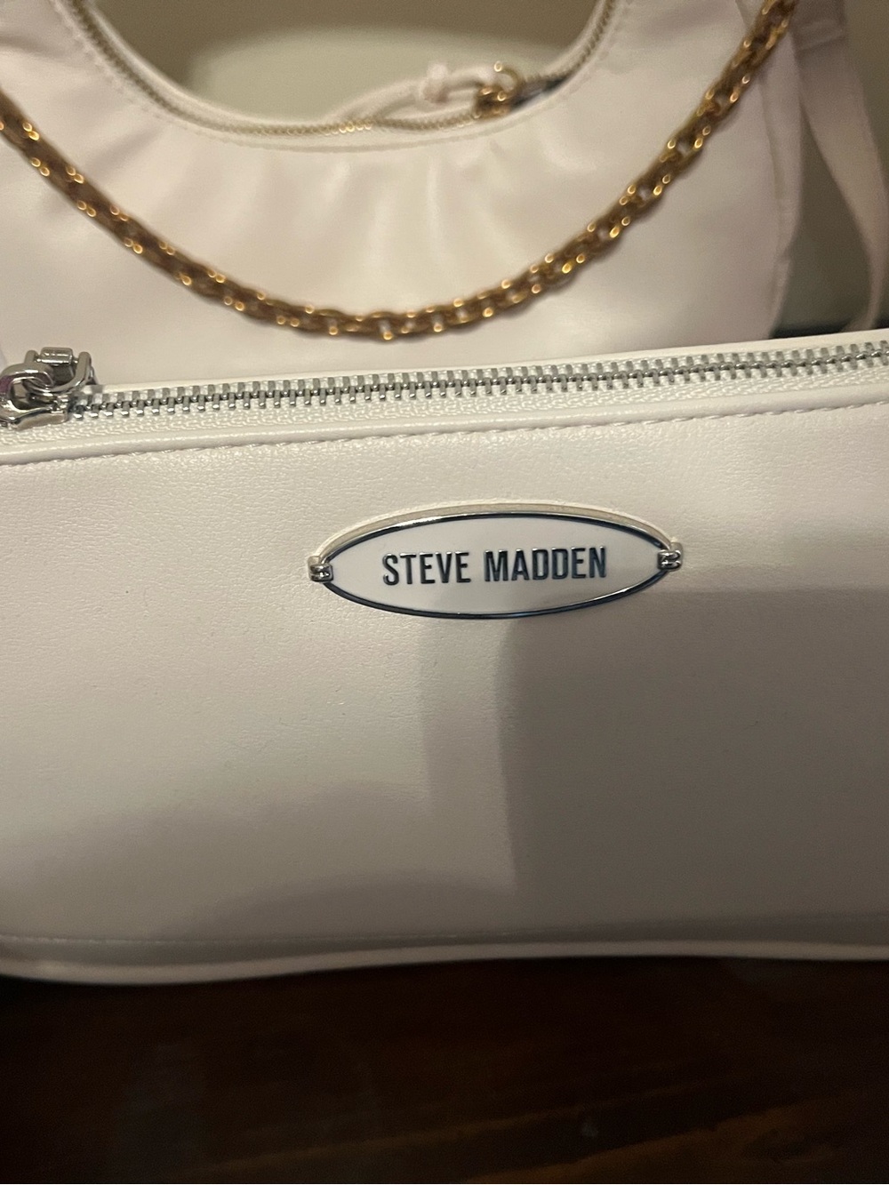 Steve Madden Cream Crossbody with Silver Zip and Logo Plate